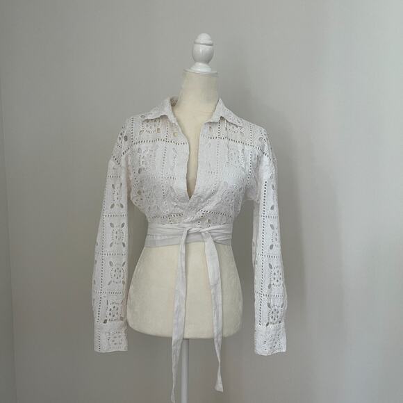 Miguelina Womens White Savannah Eyelet Crop Wrap Blouse Top XS - Picture 2 of 8
